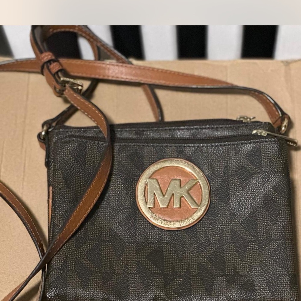 Vintage Michael Kors Dark Brown Crossbody Bag with Gold Logo Medallion
